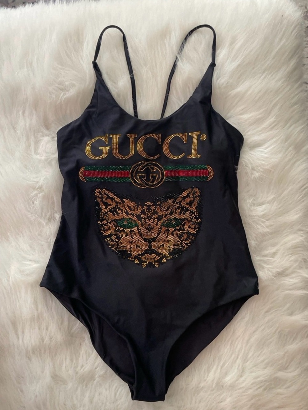 “pending sale” Gucci Bling Black One-Piece Gold Crystal Rhinestone Cat & Logo